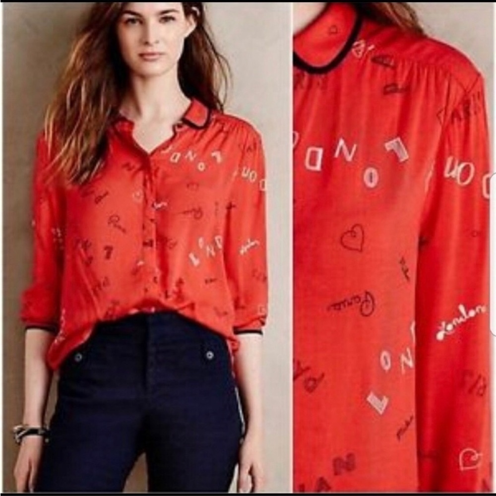 ANTHROPOLOGIE Maeve Paris London Cherry Red button up shirt size 4